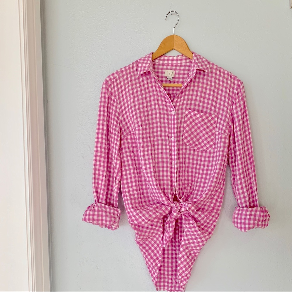 Pink Gingham Print Blouse